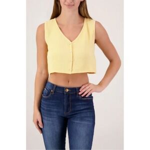 21 Saints Yellow Button Front Cropped V Neck Sleeveless Top Women's Size XL‎ NWT